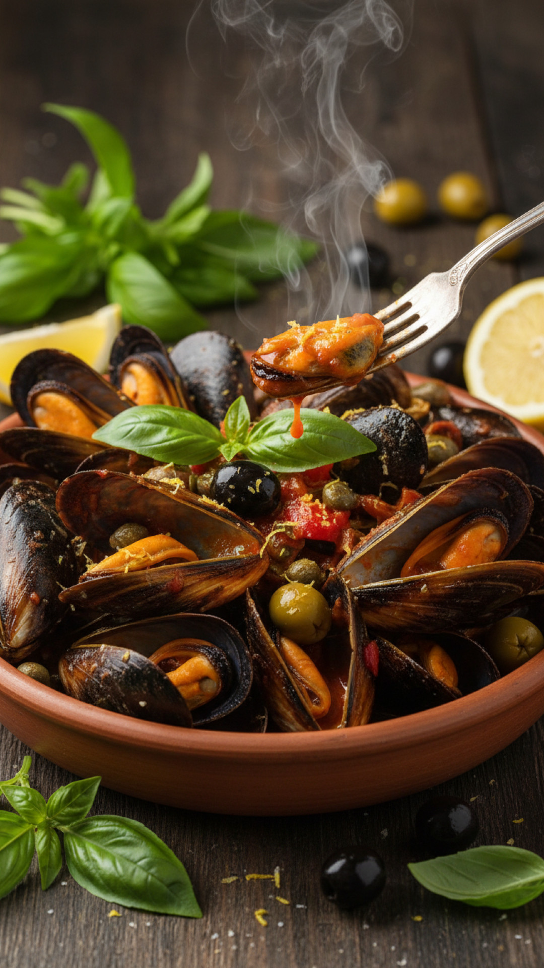 Italienische Venusmuscheln alla Puttanesca Preparation