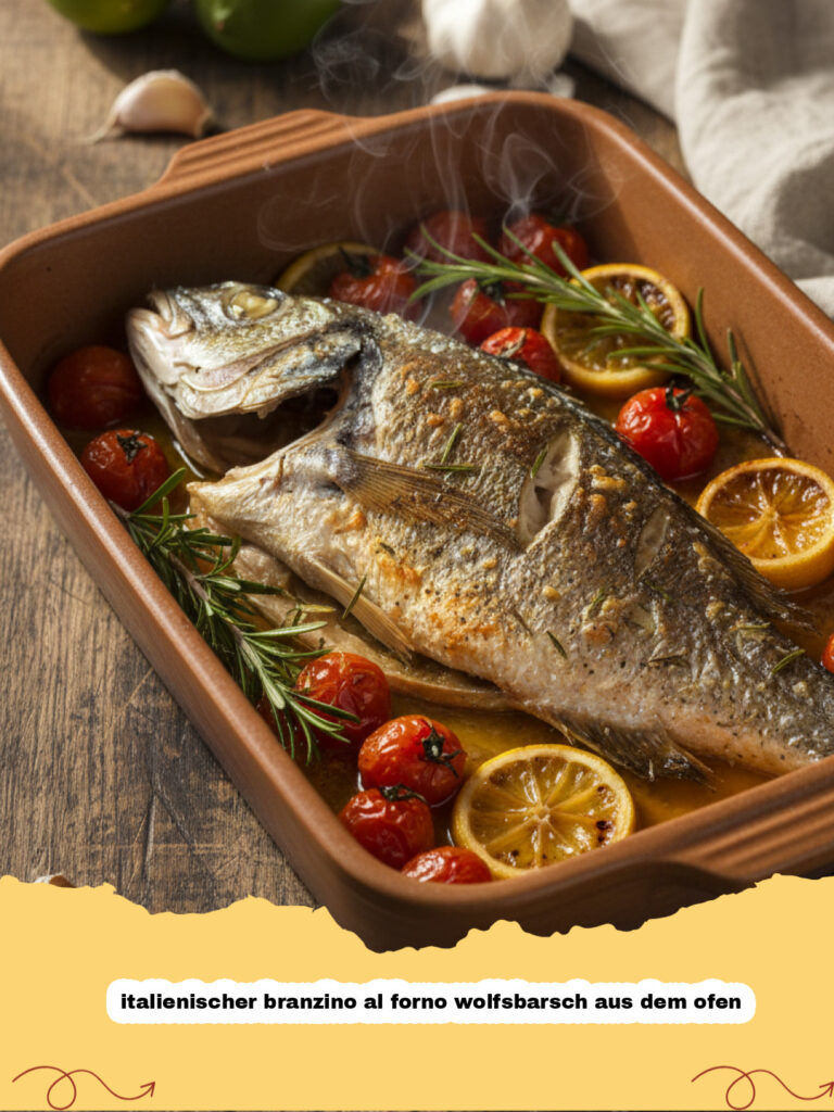 Ein fertig gegarter italienischer branzino al forno wolfsbarsch aus dem ofen auf einem Backblech mit Zitronen und Kräutern.