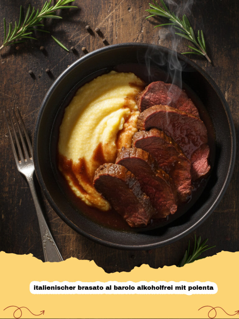 italienischer brasato al barolo alkoholfrei mit polenta - Italienischer Brasato al Barolo alkoholfrei mit cremiger Polenta auf einem weißen Teller