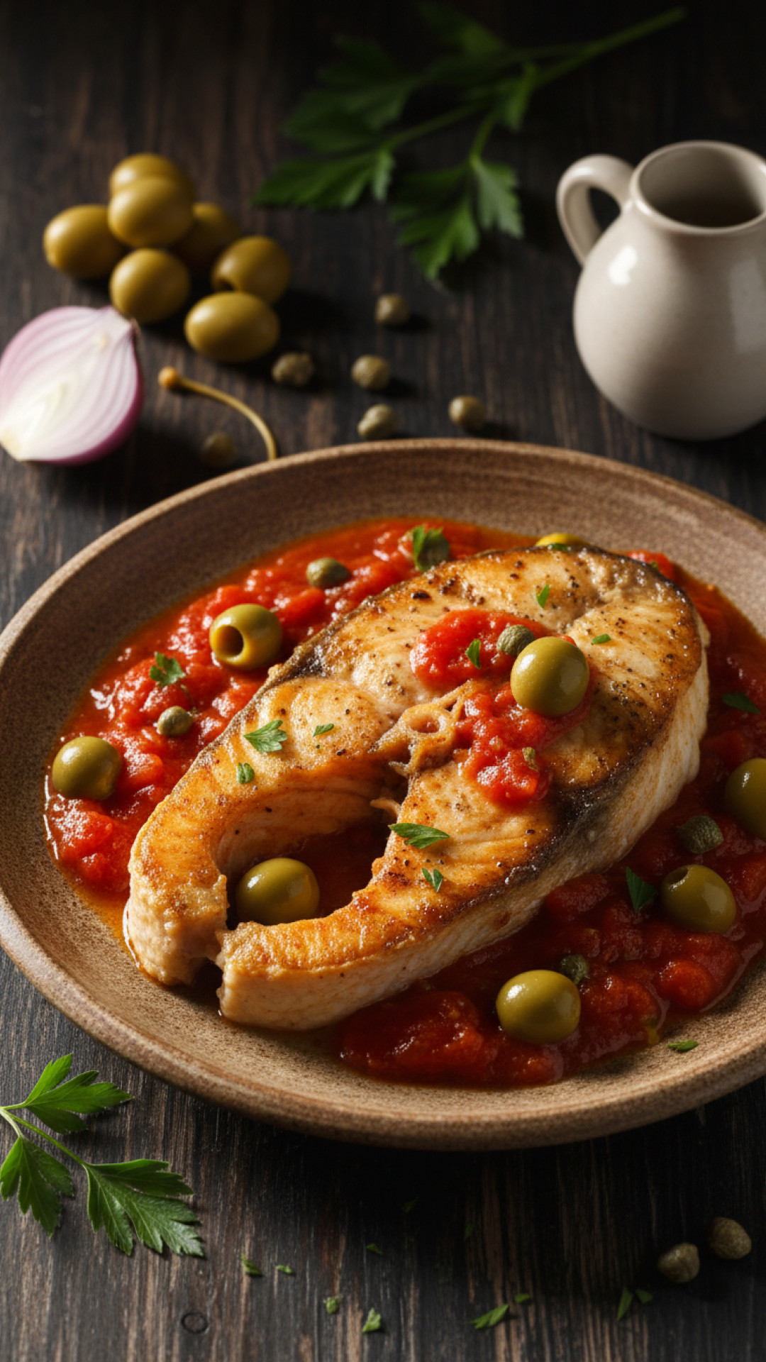 Italienischer Pesce Spada alla Ghiotta - Schwertfisch Sizilianische Art Preparation