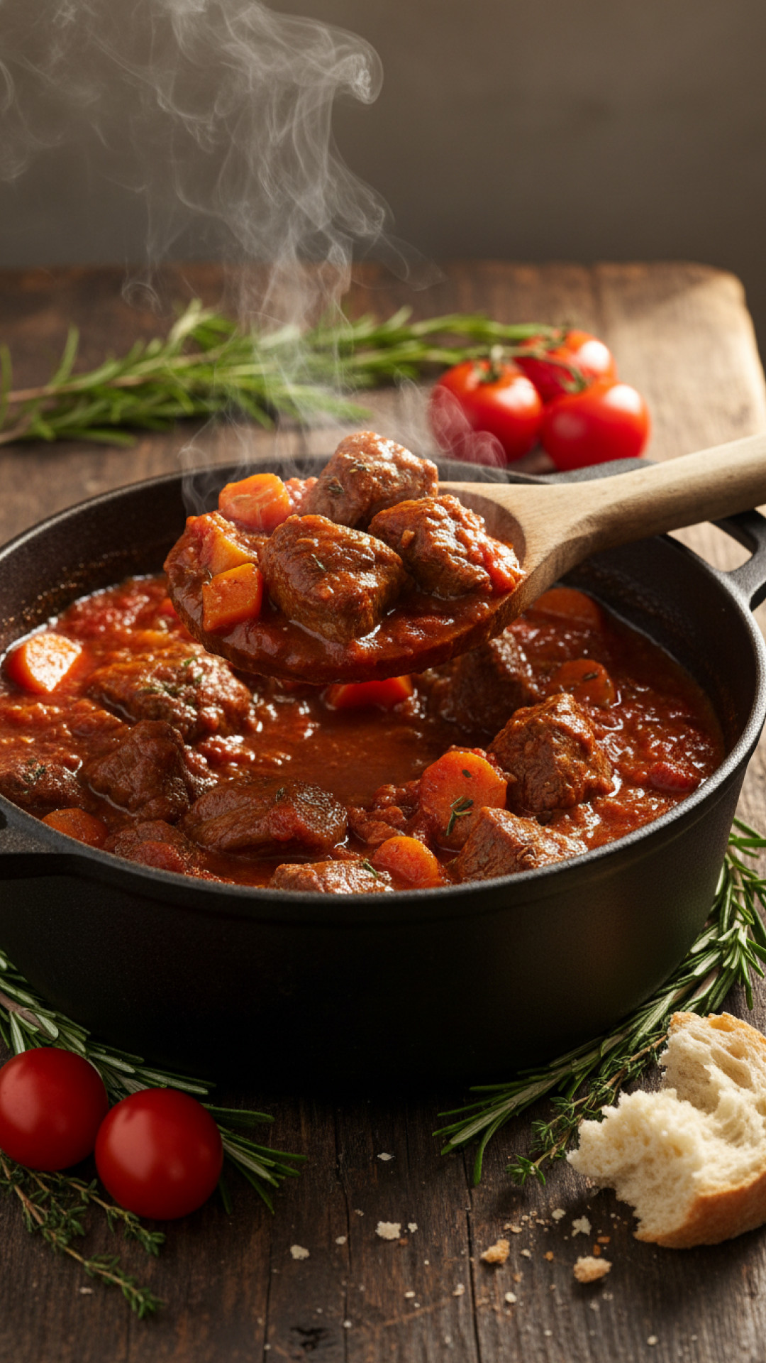 Italienischer Rindfleischtopf mit Tomaten und Rotwein-Ersatz Preparation