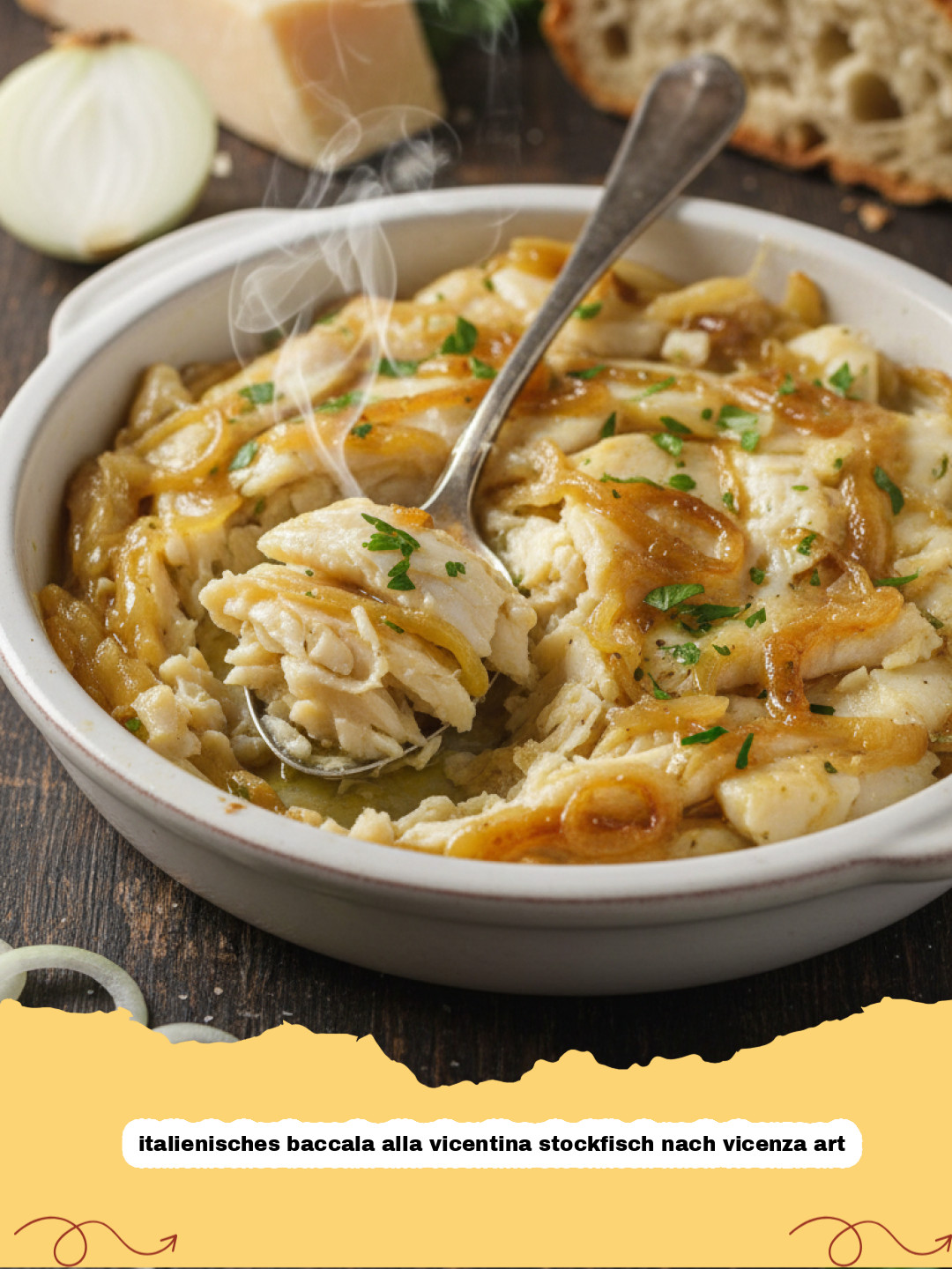 Authentisches italienisches baccala alla vicentina stockfisch nach vicenza art serviert auf gelber Polenta