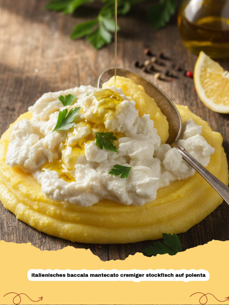 italienisches baccala mantecato cremiger stockfisch auf polenta - Cremiges Baccalà Mantecato auf gelben Polenta-Schnitten mit Petersilie
