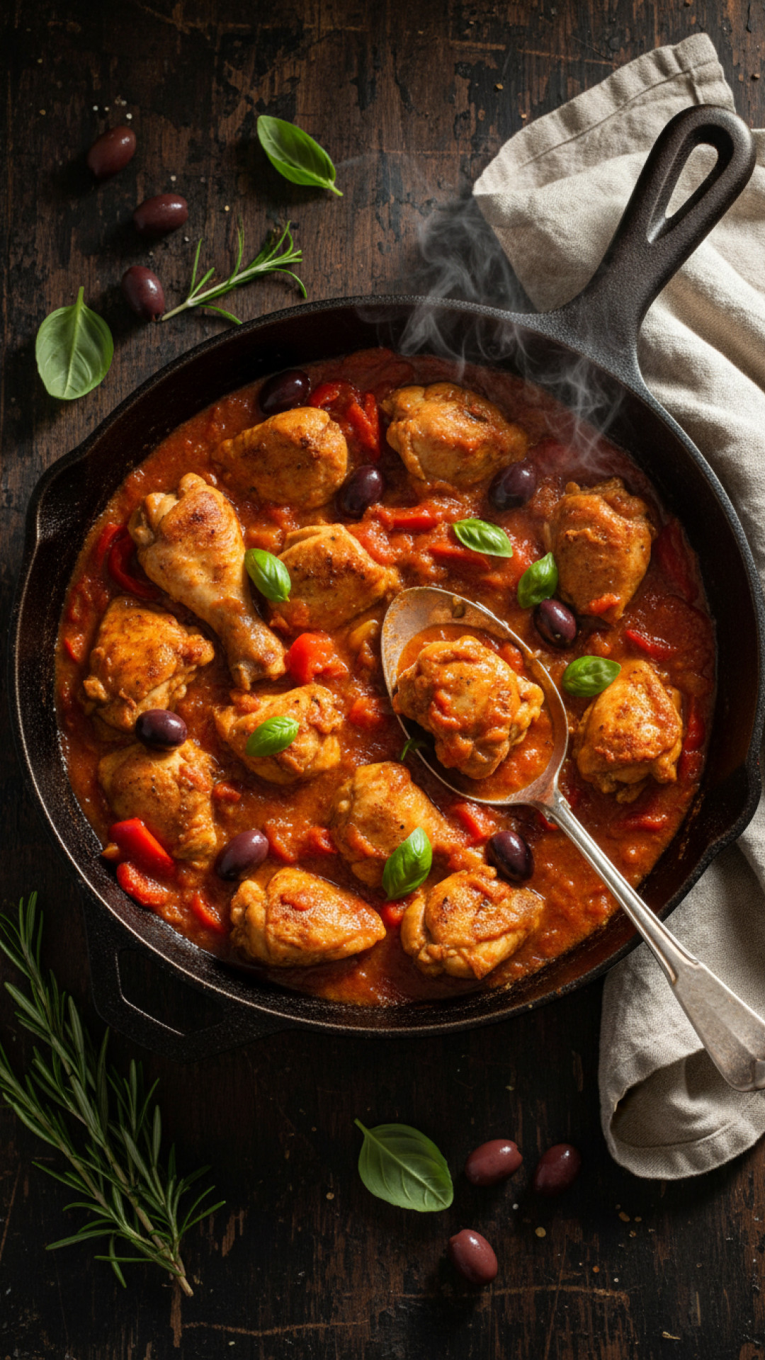 Italienisches Hähnchen Cacciatore Jägerart mit Paprika und Oliven Preparation