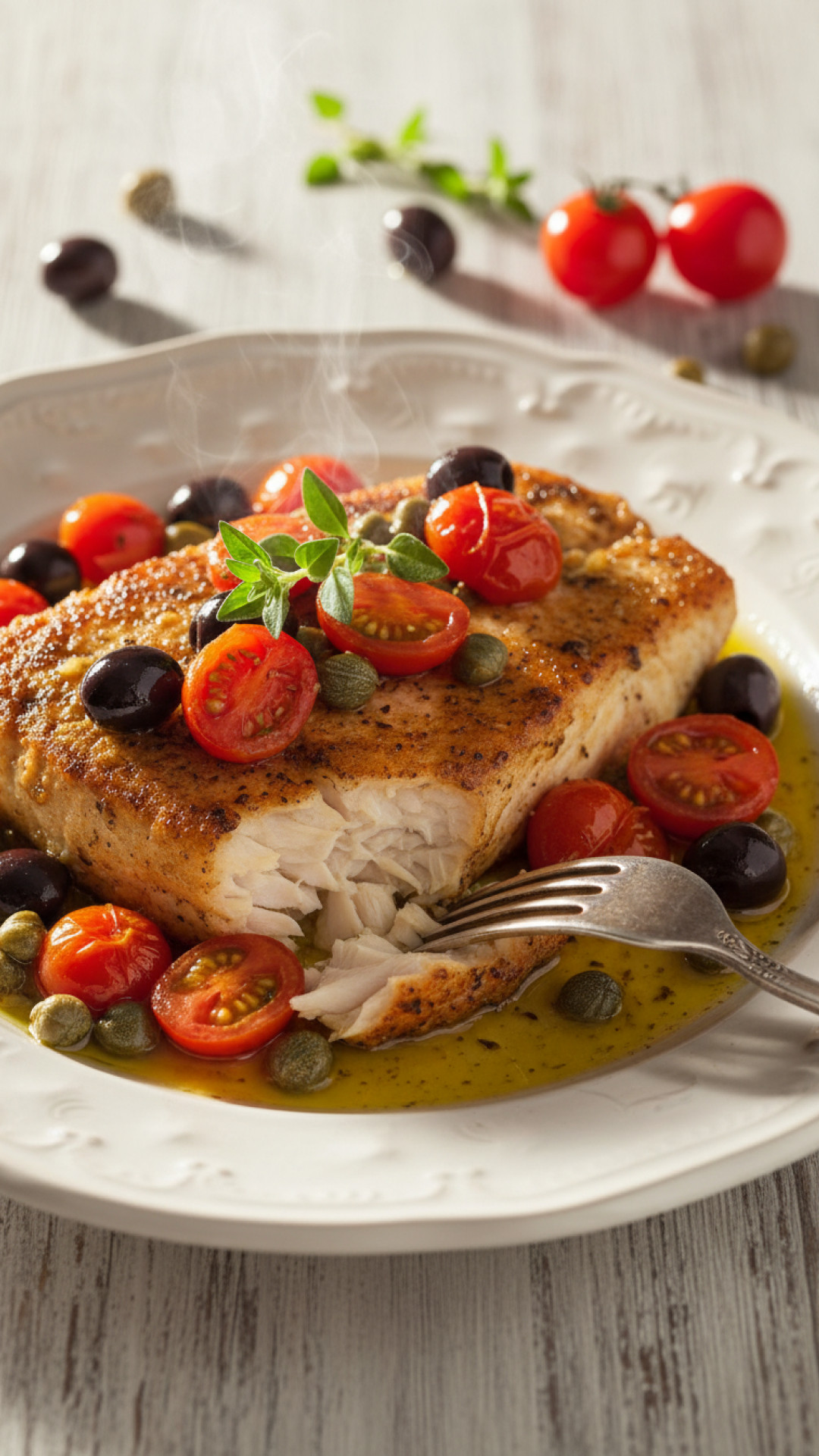 Italienisches Pesce Spada alla Ghiotta (Schwertfisch sizilianische Art) Preparation