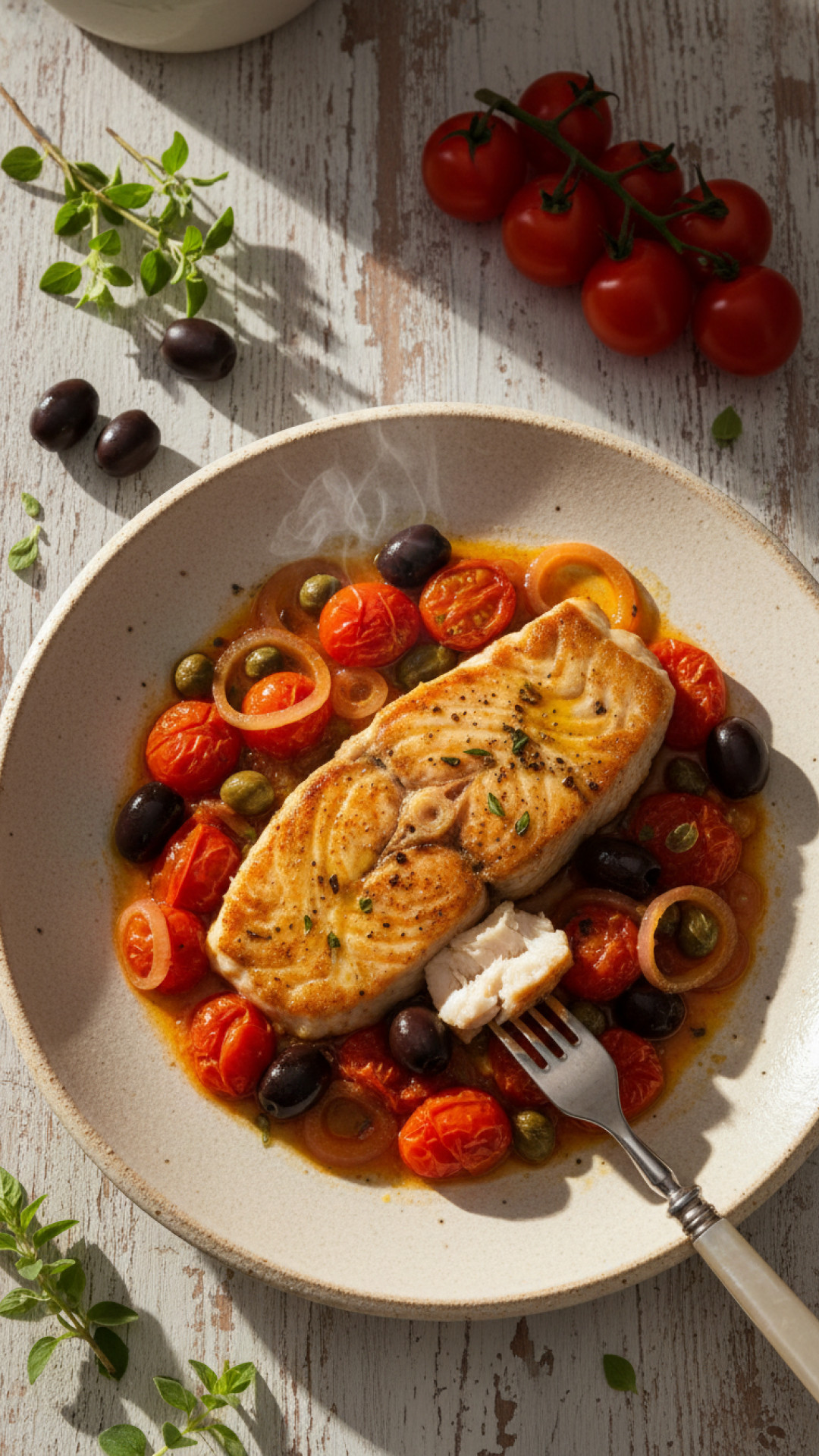 Italienisches Pesce Spada alla Ghiotta (Schwertfisch sizilianische Art) Preparation