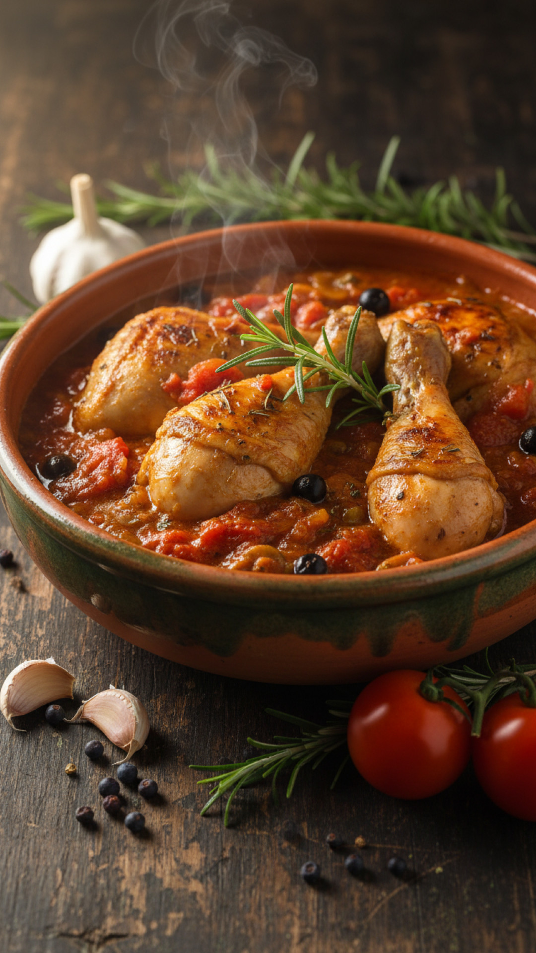 Italienisches Pollo alla Cacciatora Jaegerhuhn mit Tomaten und Kraeutern Preparation