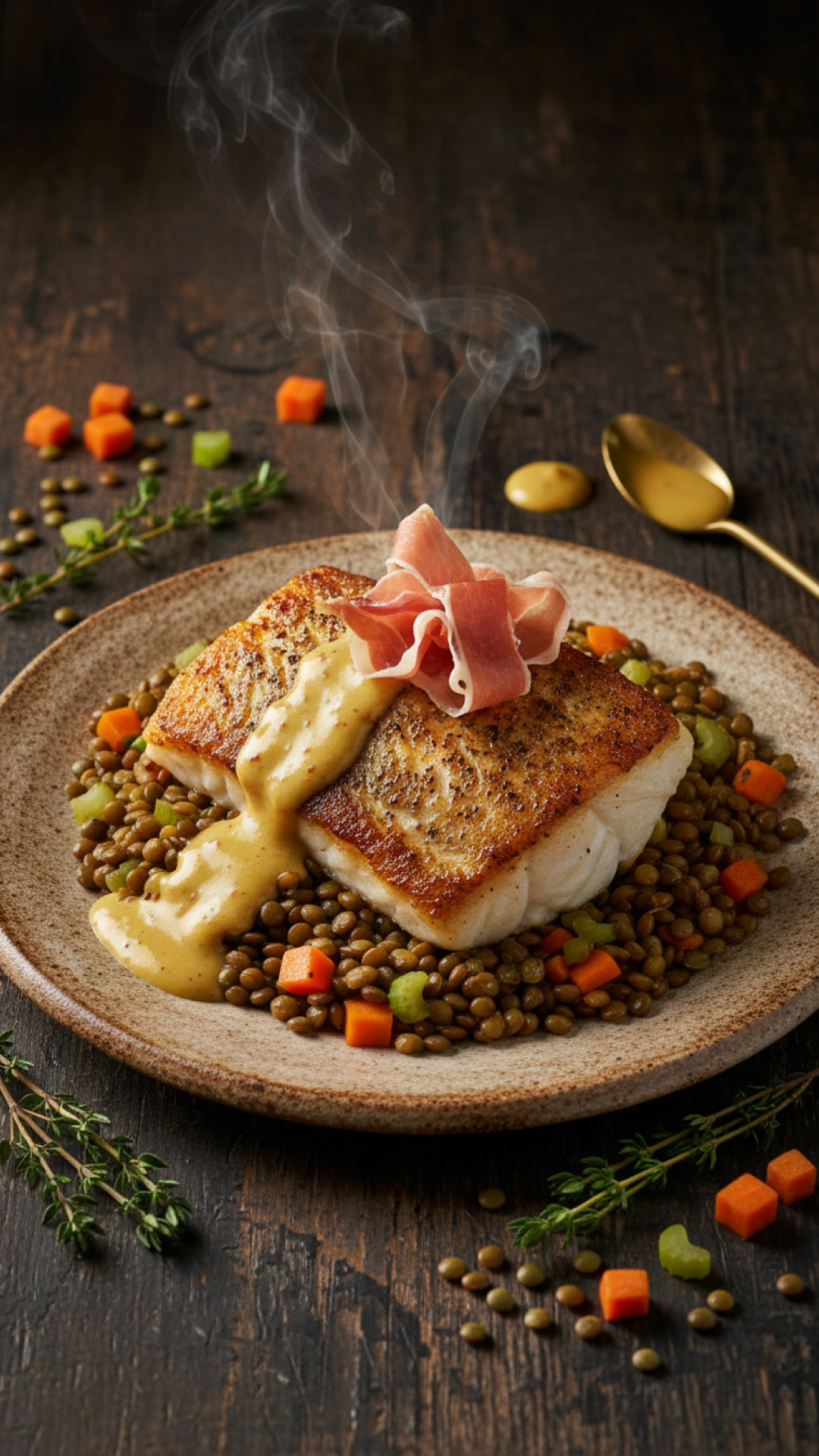 Kabeljau auf Linsengemüse mit Senfsauce Preparation