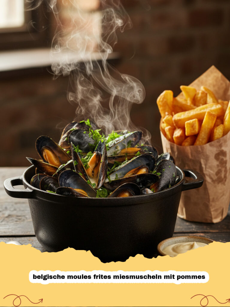 belgische moules frites miesmuscheln mit pommes - Belgische Moules Frites in einem schwarzen Topf serviert mit goldenen Pommes