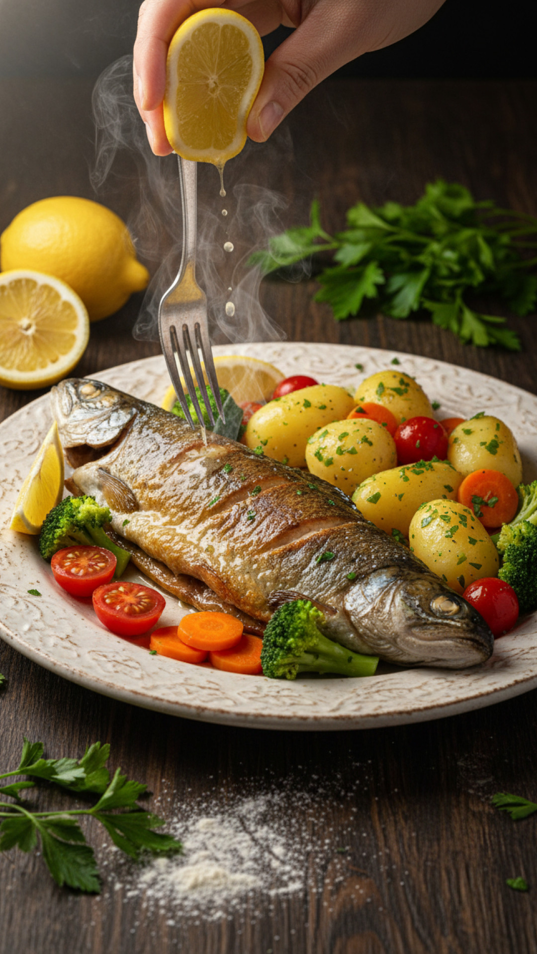 Klassische deutsche Forelle Müllerin Art mit Petersilienkartoffeln Preparation