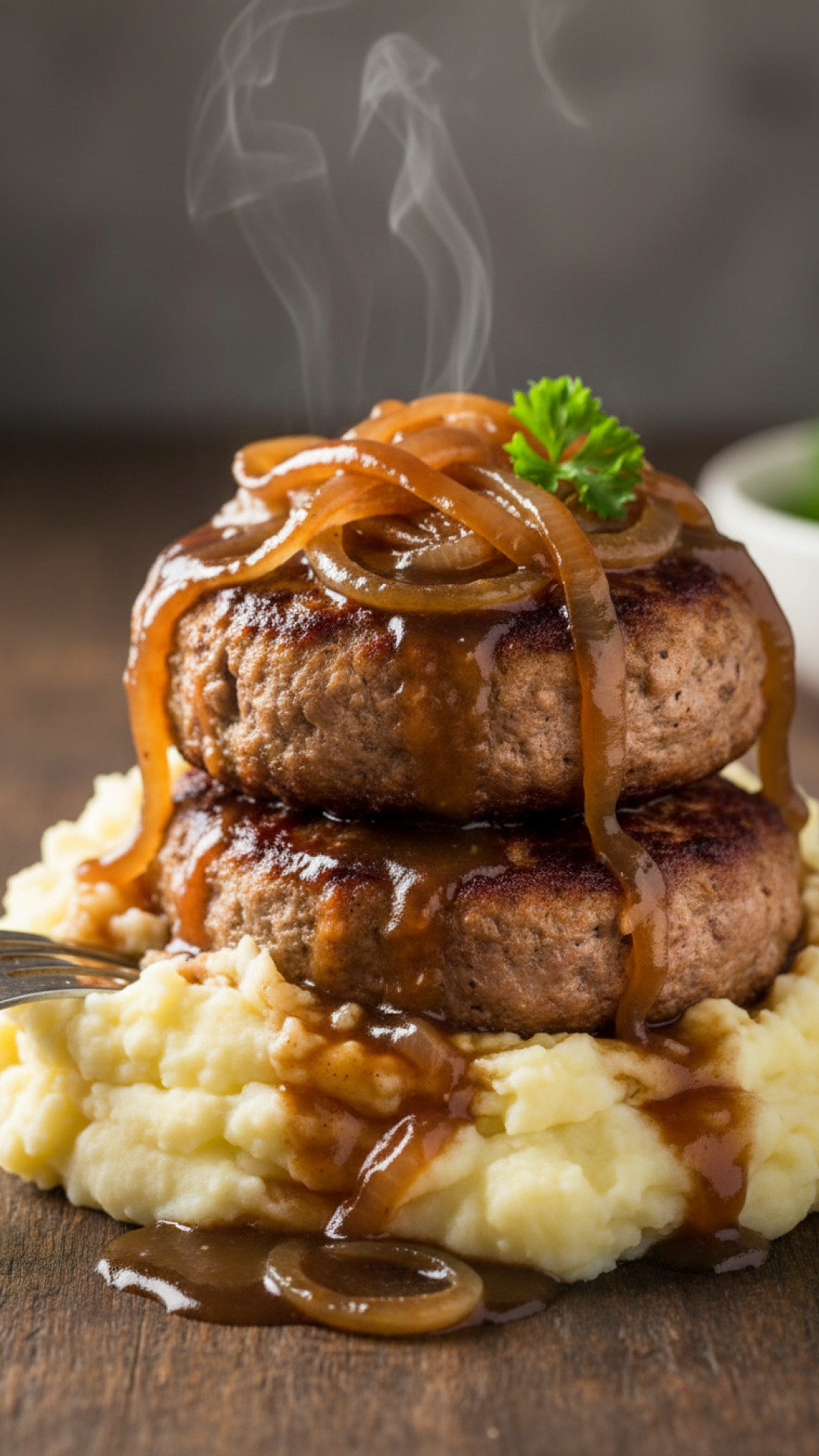 Klassische Deutsche Hacksteaks mit Zwiebeln und Kartoffelpueree Preparation