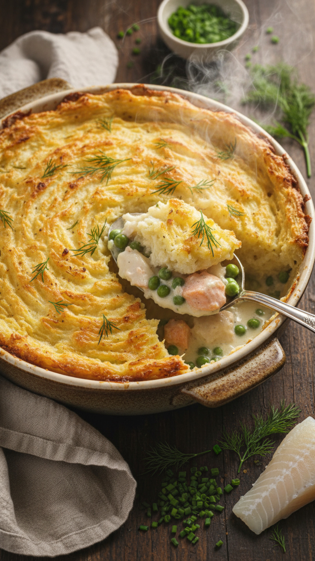 Klassische Englische Fish Pie mit Kartoffelkruste Preparation