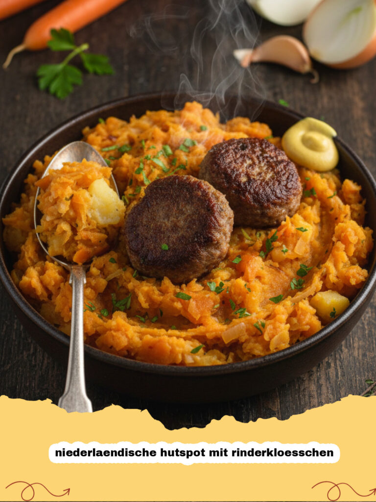 niederlaendische hutspot mit rinderkloesschen - Niederländische Hutspot mit Rinderklößchen auf einem rustikalen Teller serviert