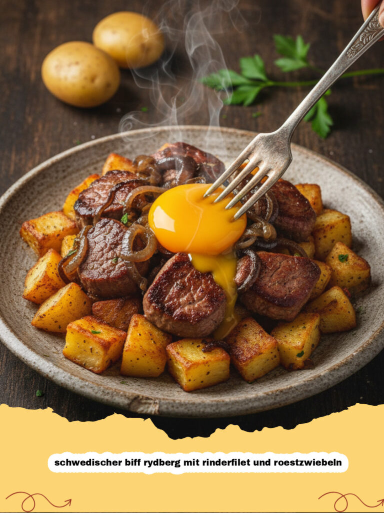 schwedischer biff rydberg mit rinderfilet und roestzwiebeln - Schwedischer Biff Rydberg mit Rinderfilet und Röstzwiebeln auf einem Teller serviert