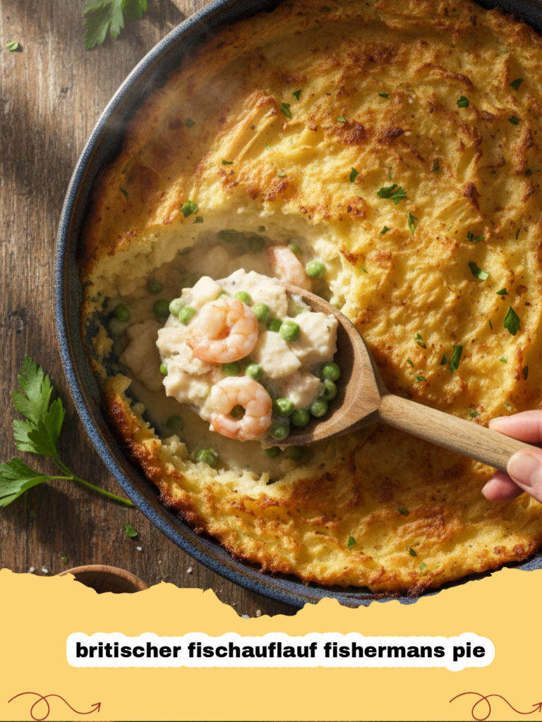 britischer fischauflauf fishermans pie - Ein goldbraun gebackener britischer Fischauflauf Fisherman's Pie in einer Keramikform