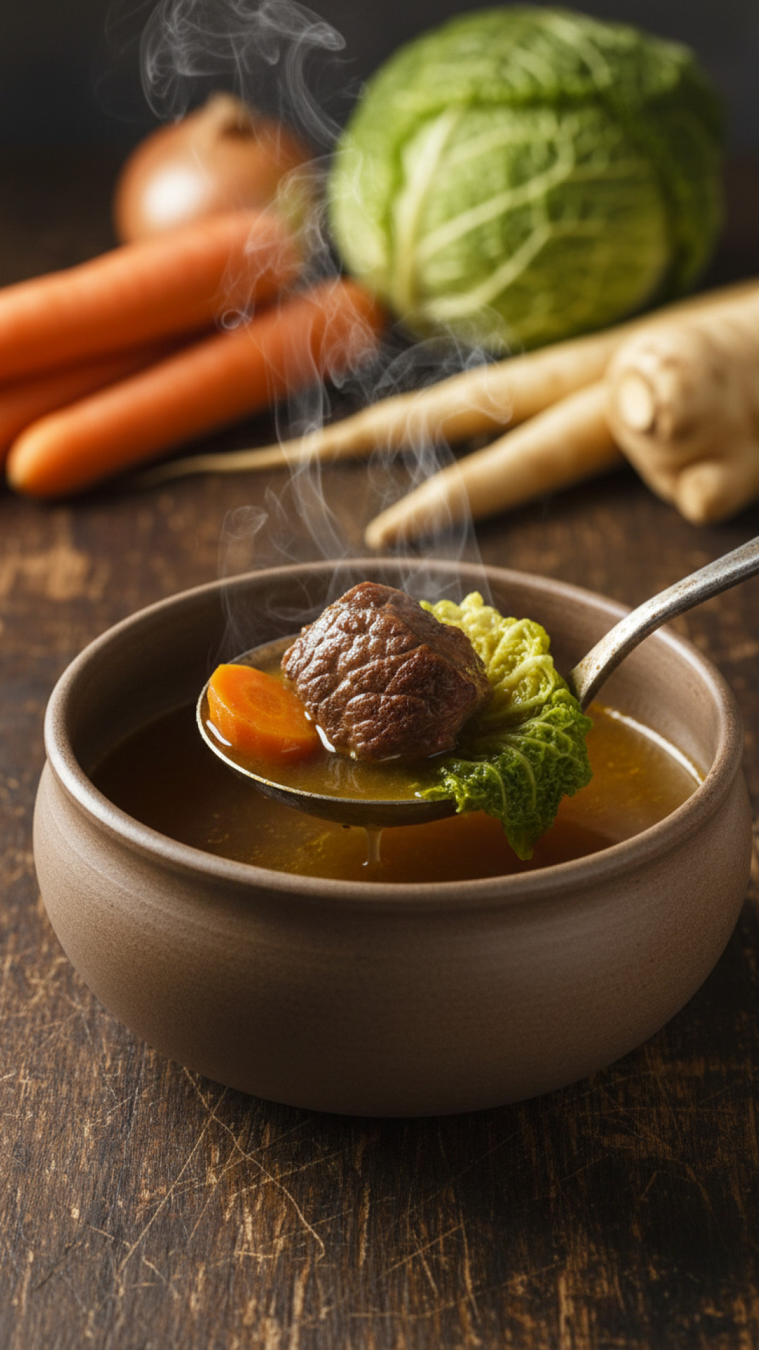 Klassischer Franzoesischer Pot au Feu vom Rind mit Wurzelgemuese Preparation