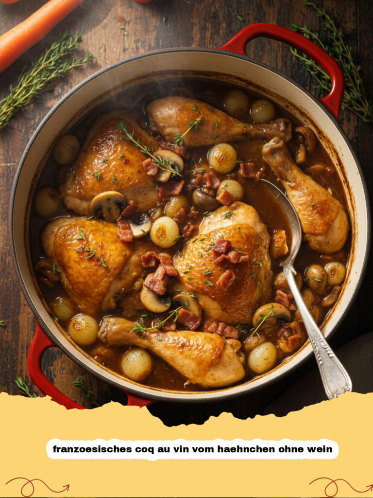 franzoesisches coq au vin vom haehnchen ohne wein - Franzoesisches Coq au Vin vom Haehnchen ohne Wein in einem gusseisernen Topf