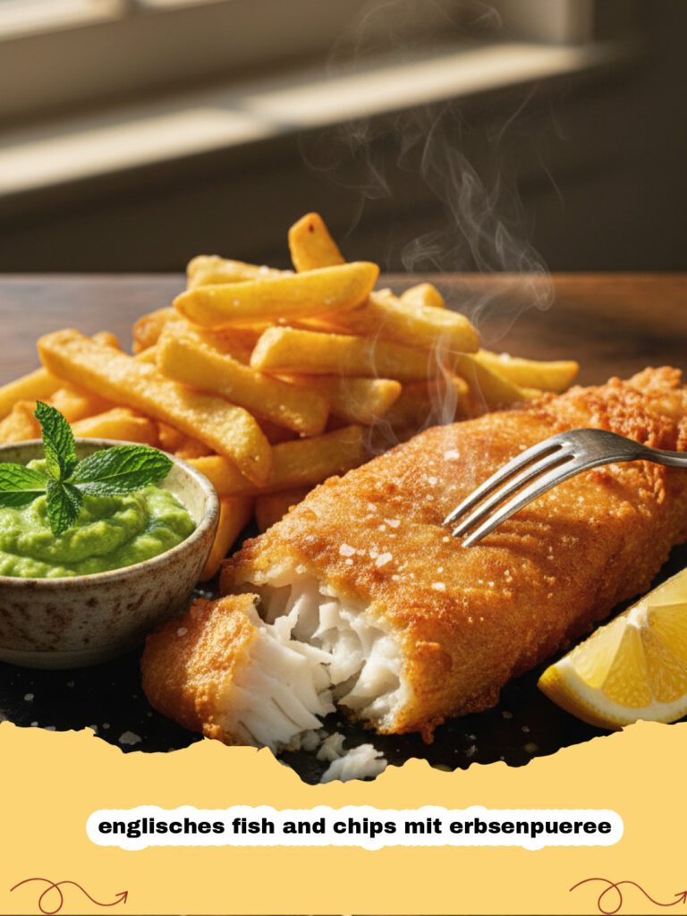 Frisch frittiertes englisches fish and chips mit erbsenpueree auf einer Zeitung serviert