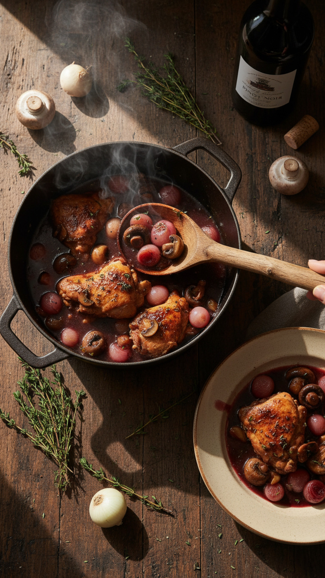 Klassisches franzoesisches coq au vin hahn im rotwein ersatz geschmort Preparation