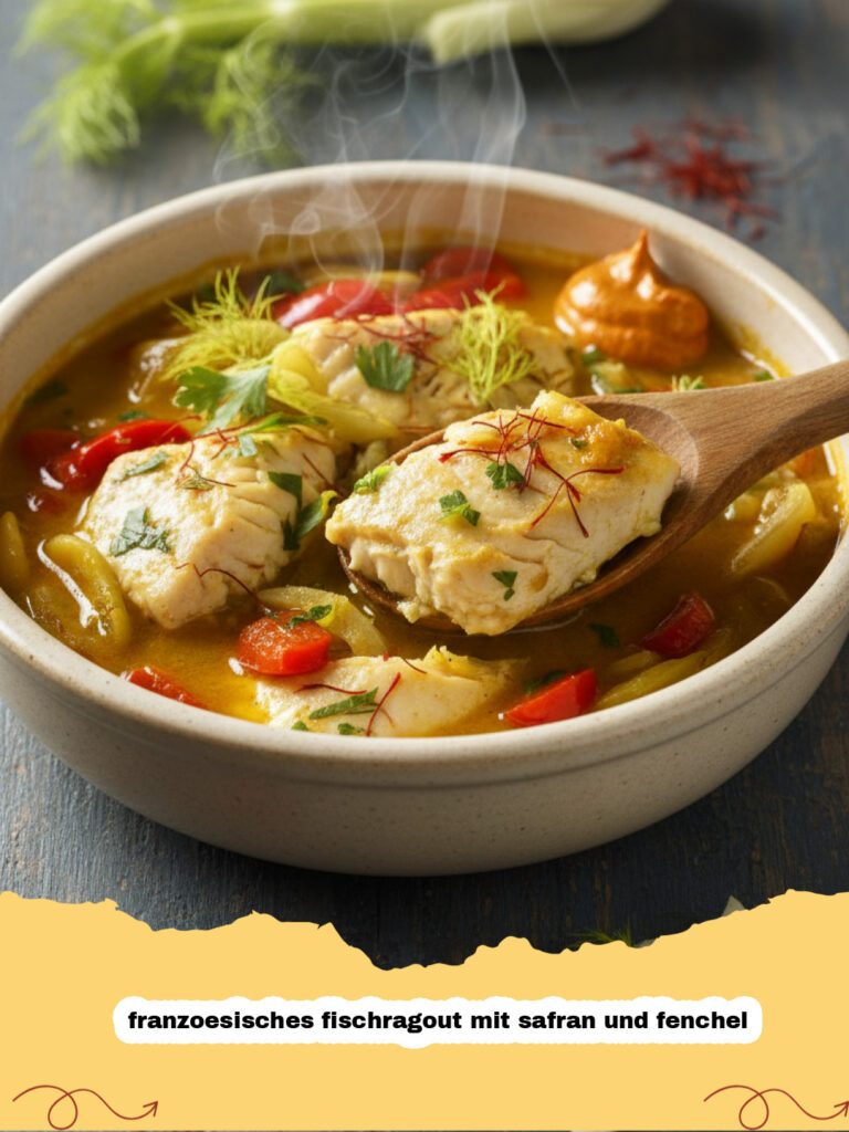 Ein dampfendes franzoesisches fischragout mit safran und fenchel in einem weißen Teller, garniert mit Kräutern.