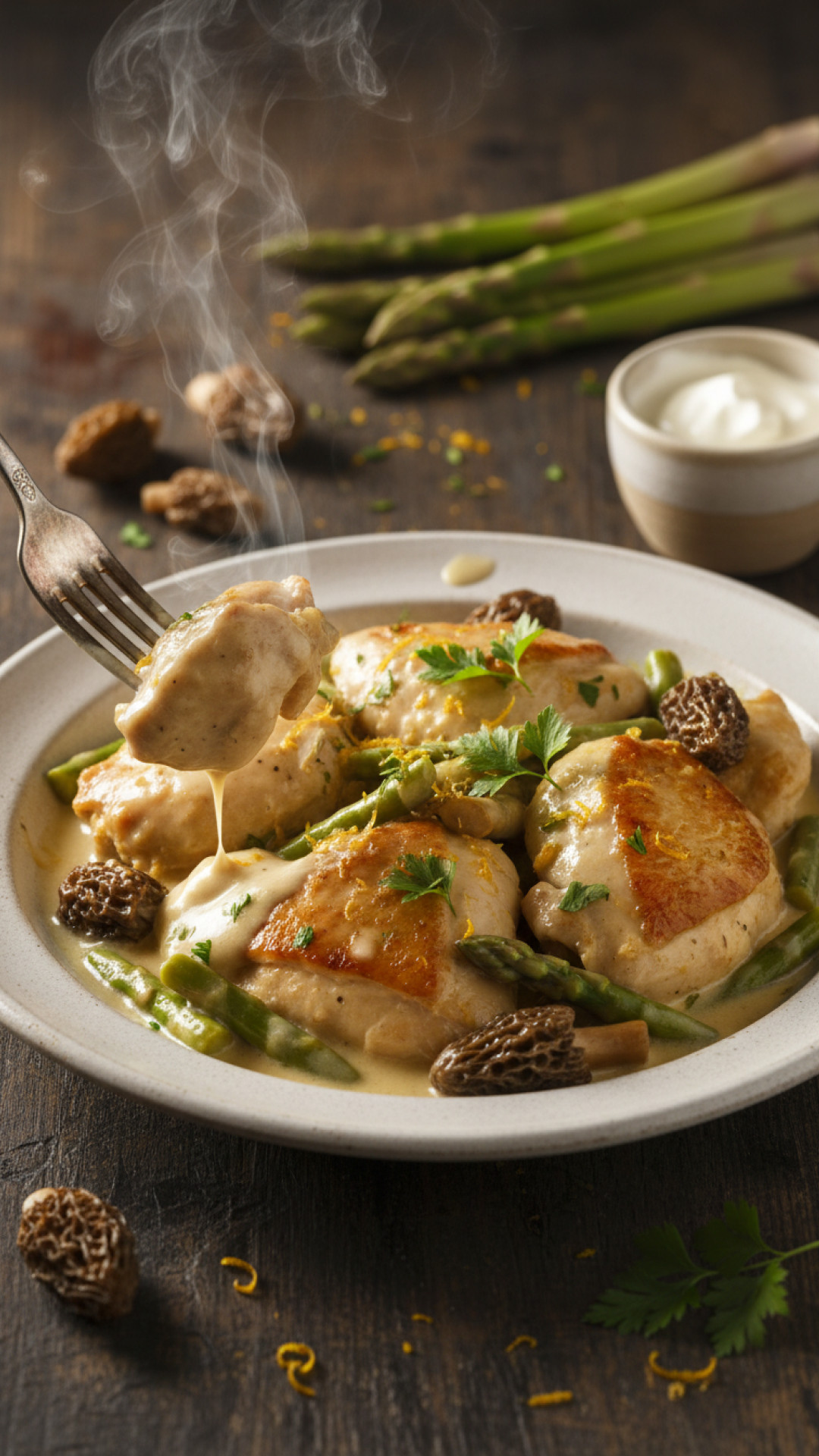 Klassisches franzoesisches fricassee vom huhn mit morcheln Preparation