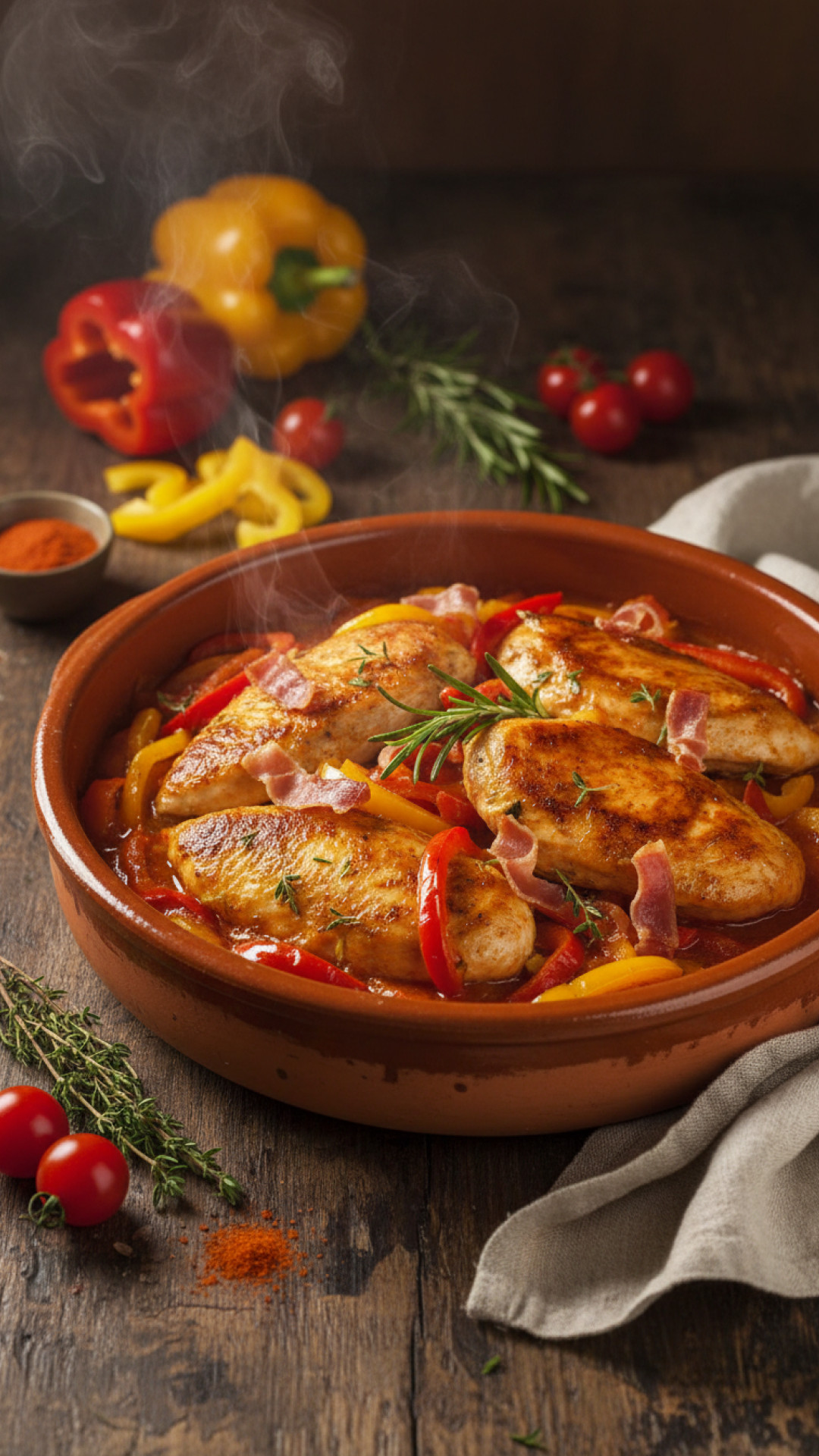 Klassisches franzoesisches poulet basquaise mit paprika und tomaten Preparation