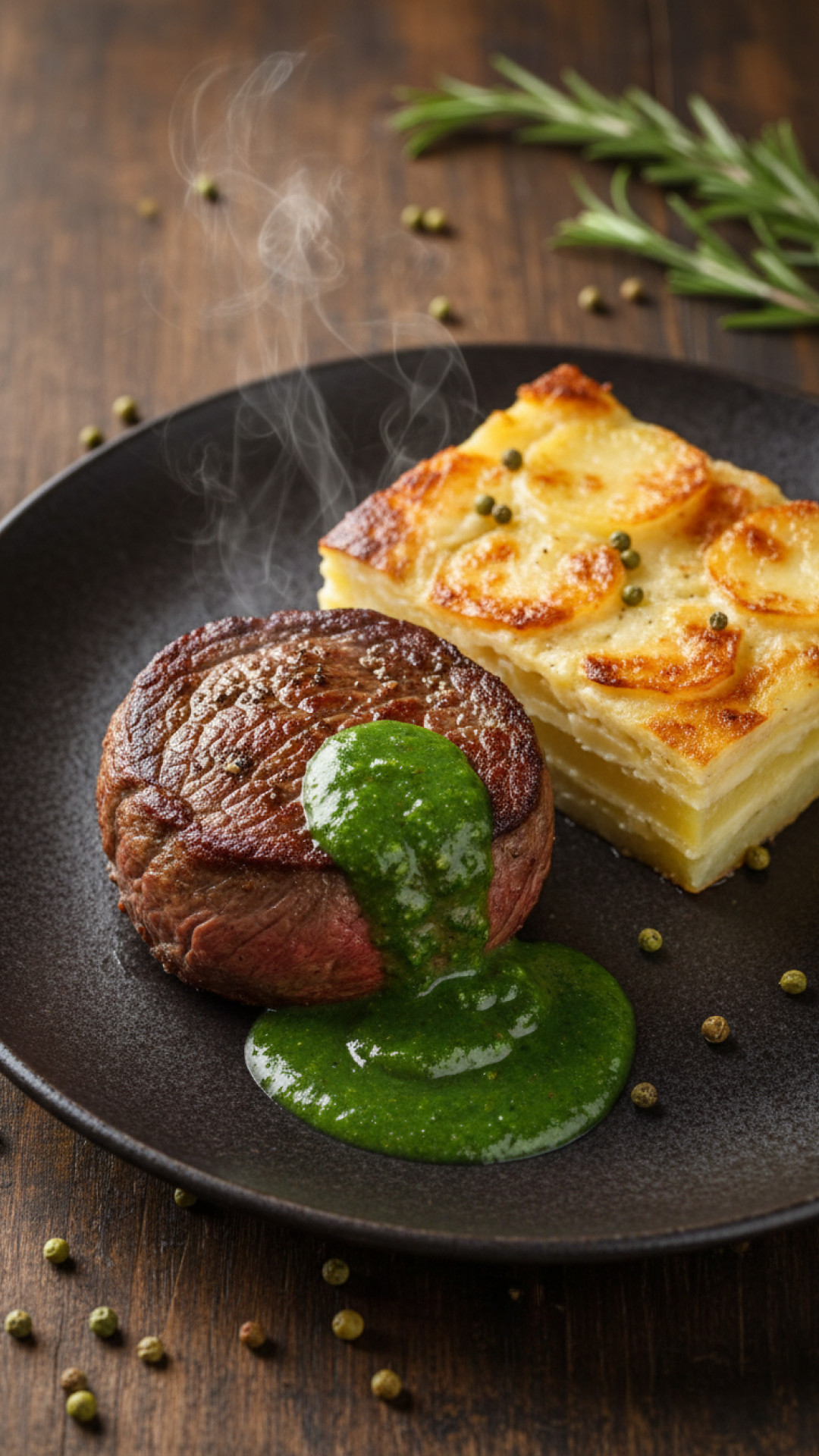 Klassisches franzoesisches Rinderfilet mit Pfeffersoße und Kartoffelgratin Preparation