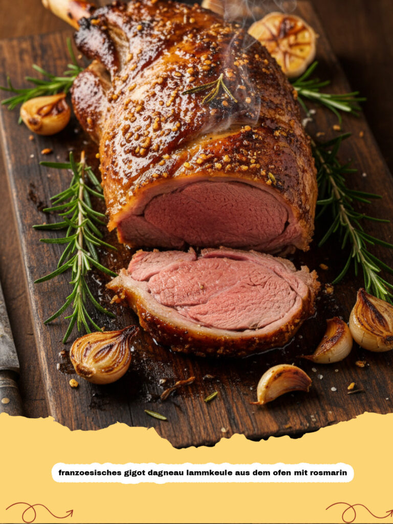Saftige franzoesisches gigot dagneau lammkeule aus dem ofen mit rosmarin serviert in einem Bräter