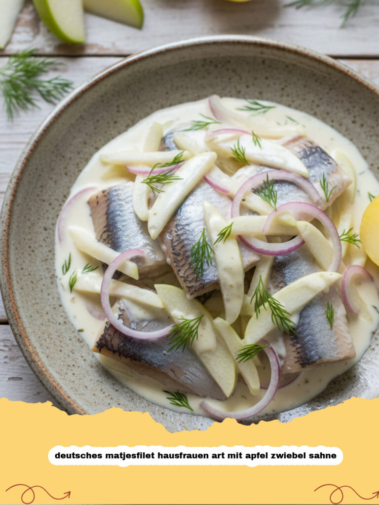 deutsches matjesfilet hausfrauen art mit apfel zwiebel sahne - Deutsches Matjesfilet Hausfrauen Art serviert in einer weißen Schüssel mit Äpfeln und Zwiebeln