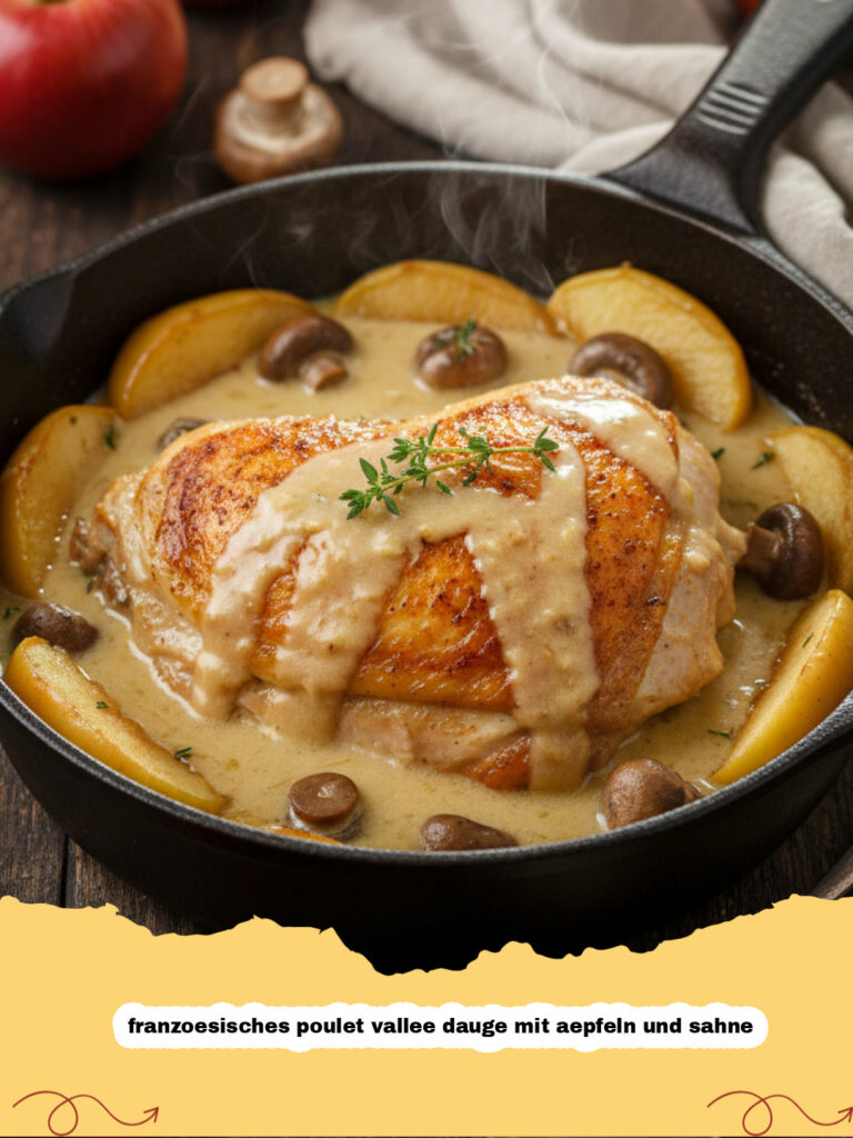 franzoesisches poulet vallee dauge mit aepfeln und sahne - Franzoesisches Poulet Vallee d'Auge mit Äpfeln und Sahne in einer Pfanne