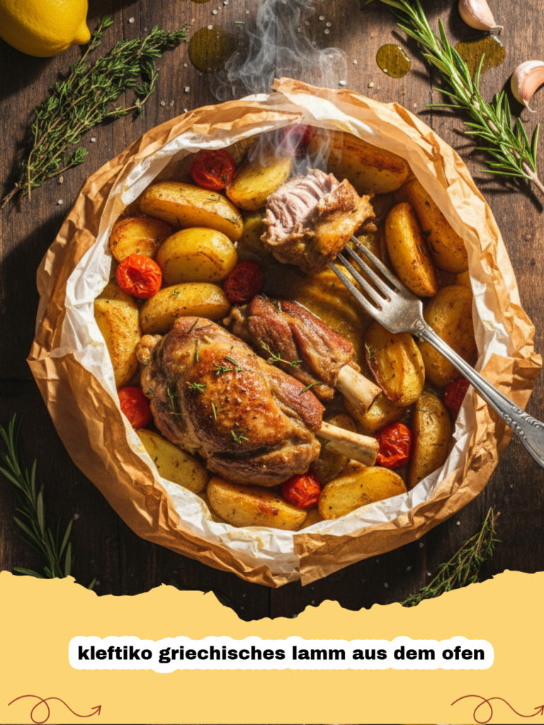Saftiges kleftiko griechisches lamm aus dem ofen mit Kartoffeln in Pergamentpapier