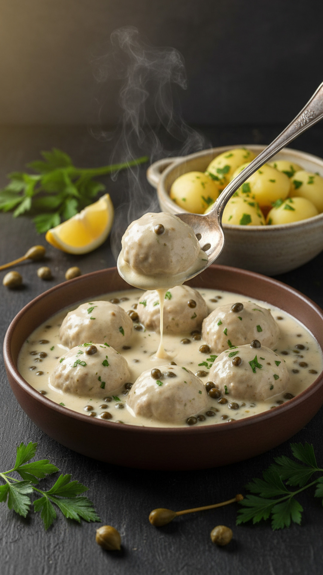 Königsberger Klopse in Kapernsoße mit Salzkartoffeln Preparation