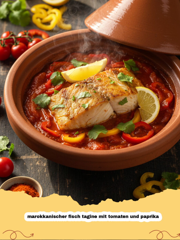 marokkanischer fisch tagine mit tomaten und paprika - Frisch zubereitete marokkanische Fisch Tagine mit bunten Paprika und Tomaten in einem traditionellen Tontopf.
