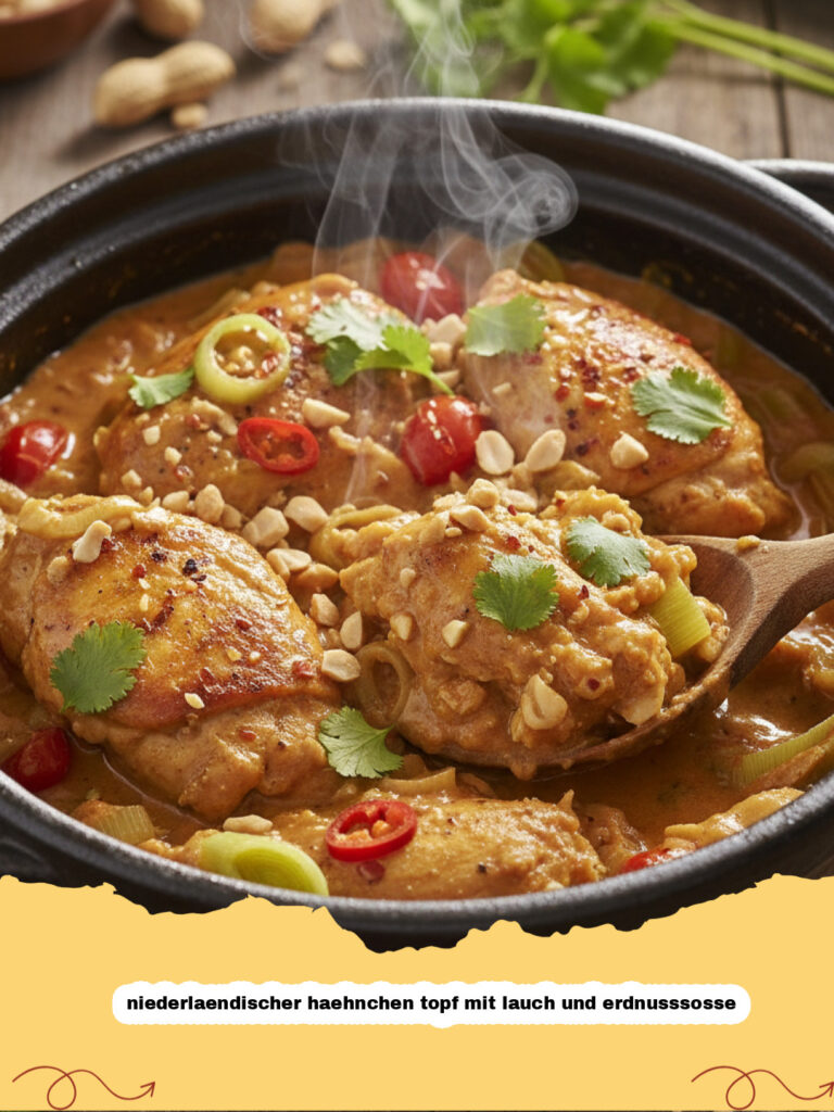 niederlaendischer haehnchen topf mit lauch und erdnusssosse - Niederländischer Hähnchen Topf mit Lauch und Erdnusssoße in einer Schale serviert
