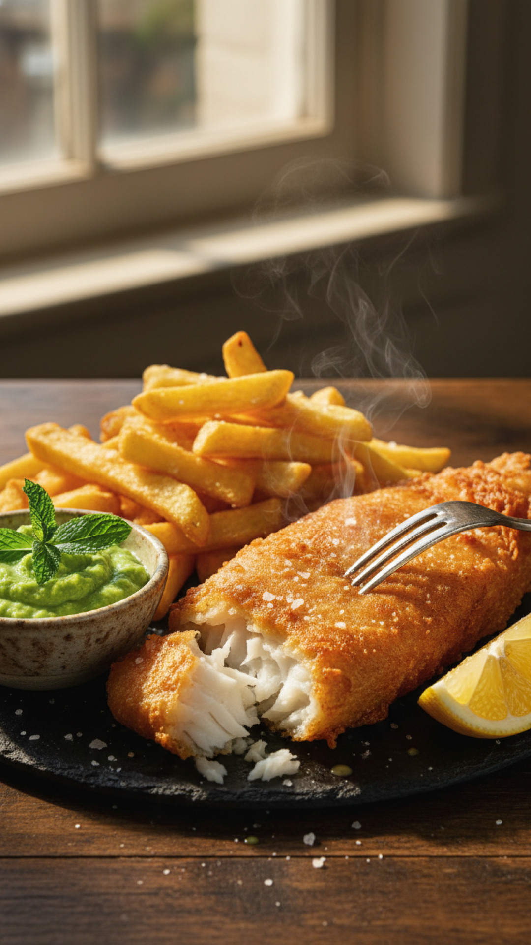 Original englisches fish and chips mit erbsenpueree Preparation