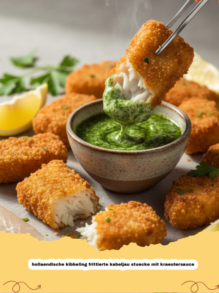 hollaendische kibbeling frittierte kabeljau stuecke mit kraeutersauce - Goldbraune hollaendische kibbeling frittierte kabeljau stuecke mit einer Schale Kräutersauce auf einem Holzteller.