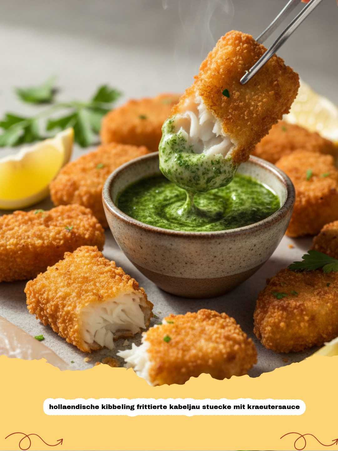Holländische Kibbeling: Frittierte Kabeljau-Stücke mit Kräutersauce