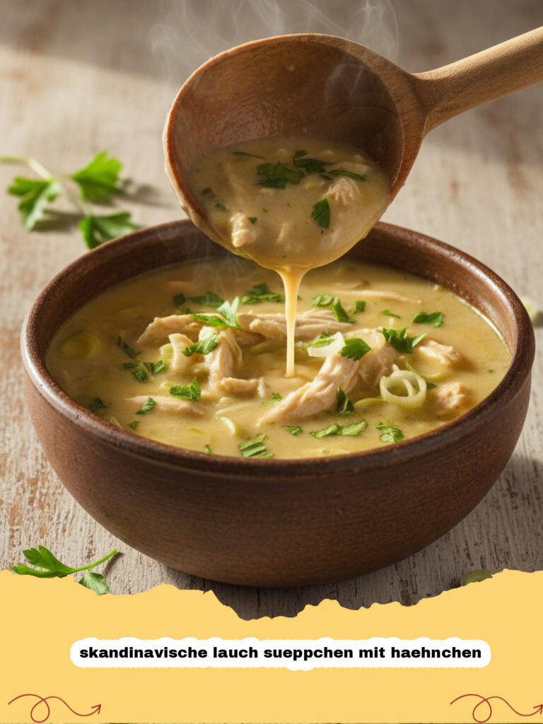 skandinavische lauch sueppchen mit haehnchen - Ein Teller dampfendes skandinavisches Lauch Süppchen mit Hähnchen und frischem Dill