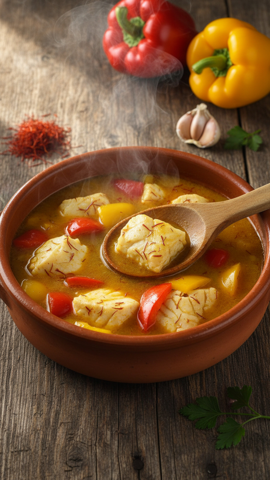 Originaler spanischer Fisch Eintopf mit Kartoffeln und Safran Preparation