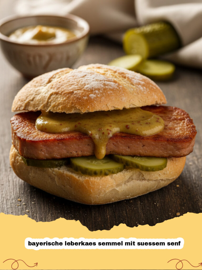 bayerische leberkaes semmel mit suessem senf - Bayerische Leberkaes Semmel mit suessem Senf auf einem Holzbrett