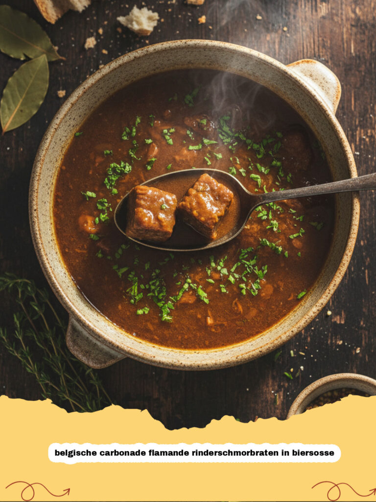 belgische carbonade flamande rinderschmorbraten in biersosse - Belgische Carbonade Flamande Rinderschmorbraten in Biersoße serviert mit Pommes