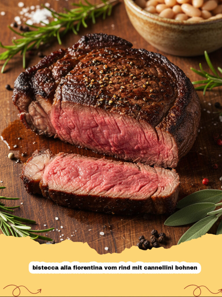 bistecca alla fiorentina vom rind mit cannellini bohnen - Bistecca alla Fiorentina vom Rind serviert mit weißen Cannellini Bohnen auf einem rustikalen Teller.