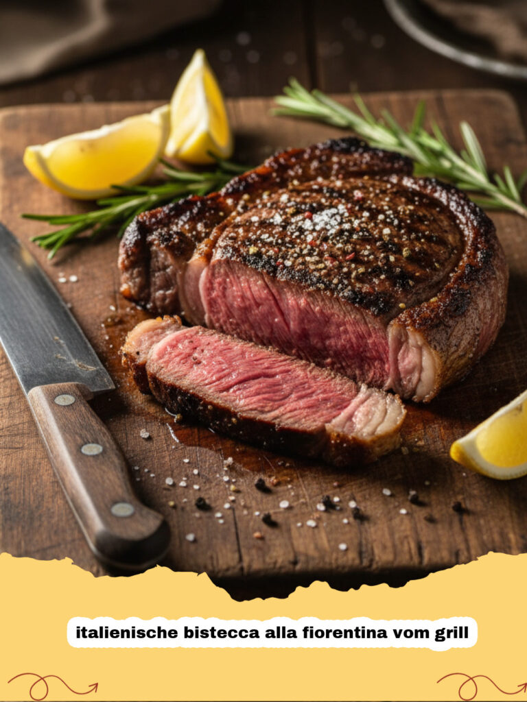 Saftige italienische bistecca alla fiorentina vom grill auf einem Holzbrett