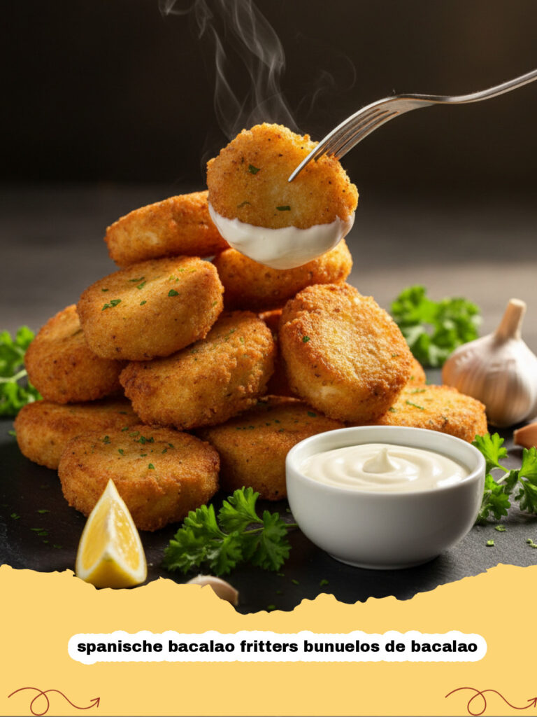 Goldbraun frittierte spanische bacalao fritters bunuelos de bacalao auf einer weißen Platte mit Zitrone