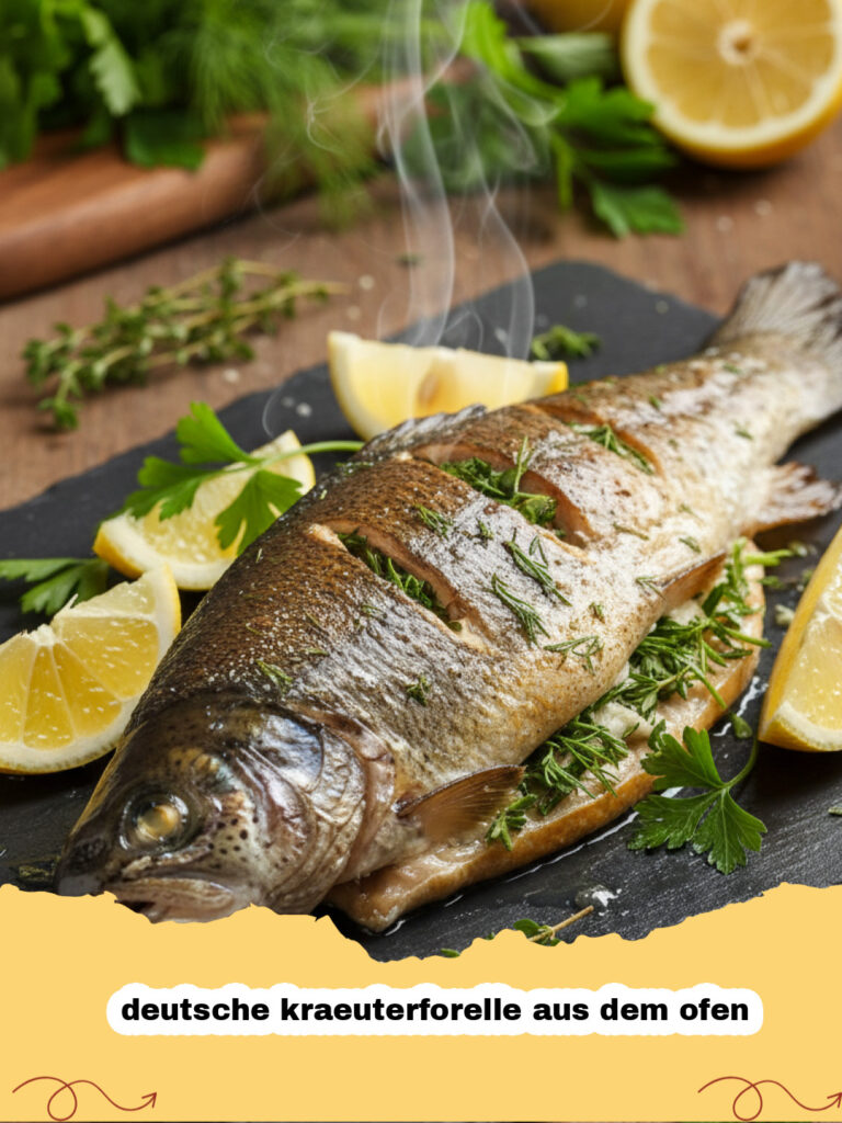 deutsche kraeuterforelle aus dem ofen - Frisch gebackene deutsche Kräuterforelle aus dem Ofen mit Zitronenscheiben und Kräutern garniert