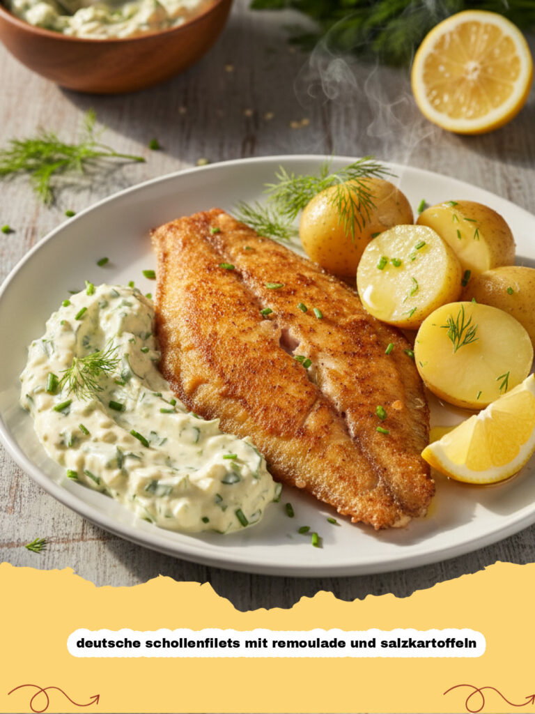 deutsche schollenfilets mit remoulade und salzkartoffeln - Frisch gebratene deutsche Schollenfilets mit Remoulade und Salzkartoffeln auf einem Teller serviert