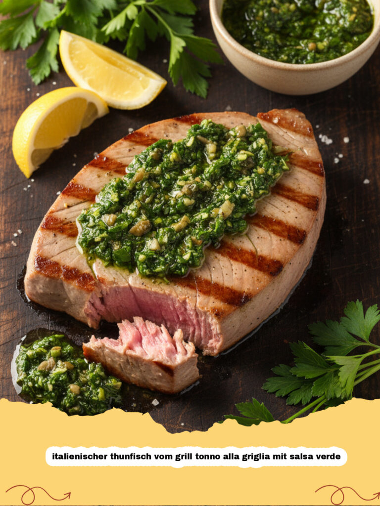 italienischer thunfisch vom grill tonno alla griglia mit salsa verde - Gegrilltes Thunfischsteak mit leuchtend grüner Salsa Verde auf einem weißen Teller.
