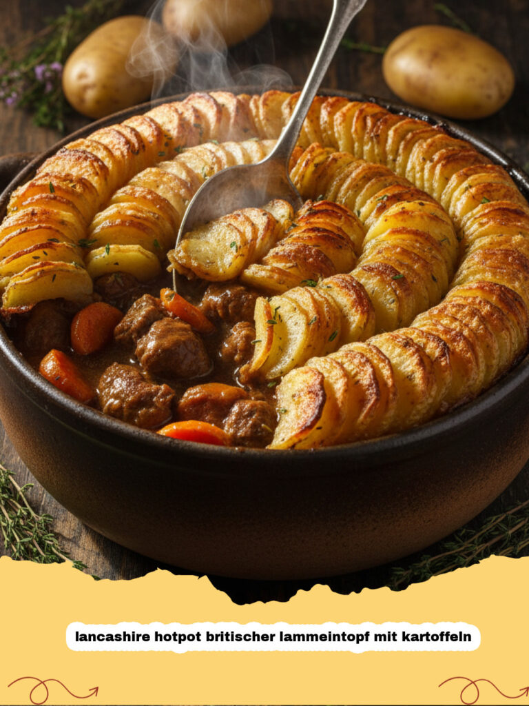 lancashire hotpot britischer lammeintopf mit kartoffeln - Ein dampfender Lancashire Hotpot britischer Lammeintopf mit Kartoffeln direkt aus dem Ofen.