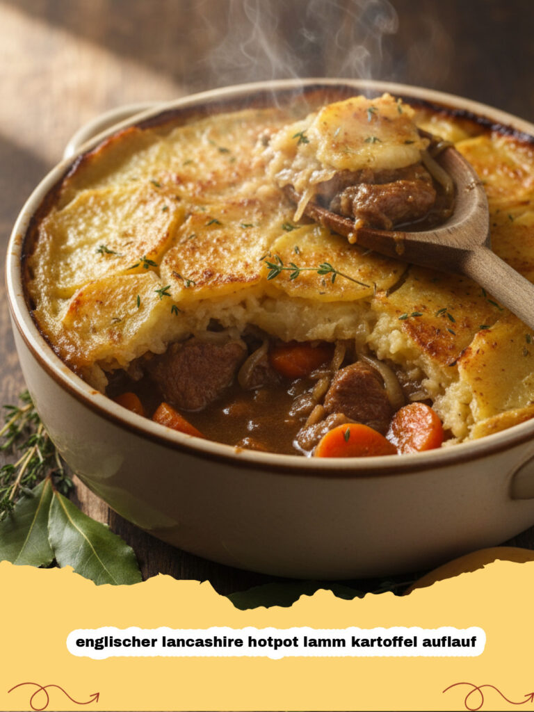 englischer lancashire hotpot lamm kartoffel auflauf - Ein goldbraun gebackener englischer Lancashire Hotpot Lamm Kartoffel Auflauf in einem gusseisernen Topf.