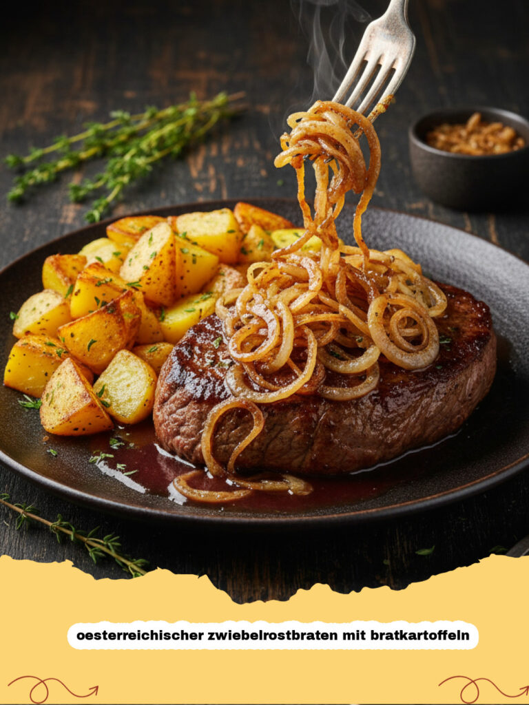 oesterreichischer zwiebelrostbraten mit bratkartoffeln - Ein Teller mit österreichischem Zwiebelrostbraten, bedeckt mit knusprigen Zwiebeln und serviert mit goldbraunen Bratkartoffeln.